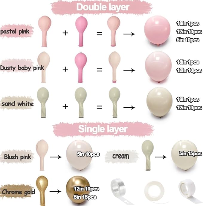 Pink White Gold Balloon Garland Double Stuffed Light Baby Pink Balloons Sand White Gold Balloon Arch Kit for Valentine Mother's Day Girl's Birthday Baby Shower Wedding Party Decorations