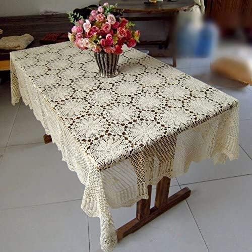 USTIDE Shabby Handmade Crochet Tablecloth Rectangle Romantic Table Cover Beige Lace Design Table Overlays Rectangular 62inchesx82inches