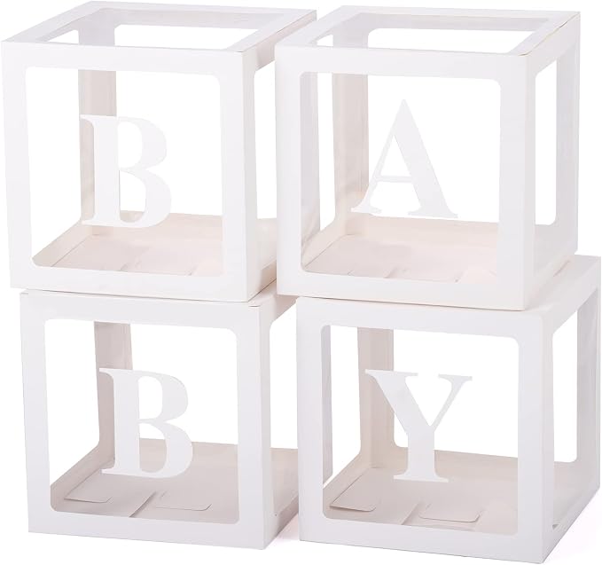 Voircoloria Baby Boxes with Letters for Baby Shower, Gender Reveal Decorations with 4 Transparent Balloon Boxes for Gender Reveal Baby Shower Decorations(White)