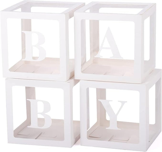 Voircoloria Baby Boxes with Letters for Baby Shower, Gender Reveal Decorations with 4 Transparent Balloon Boxes for Gender Reveal Baby Shower Decorations(White)
