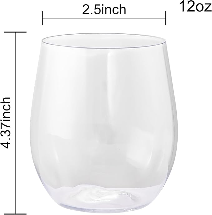 Ciaell 24 Pack Clear Plastic Wine Glasses - 12 Oz Plastic Stemless Glasses - Disposable Wine Cups for Parties & Weddings & Birthdays