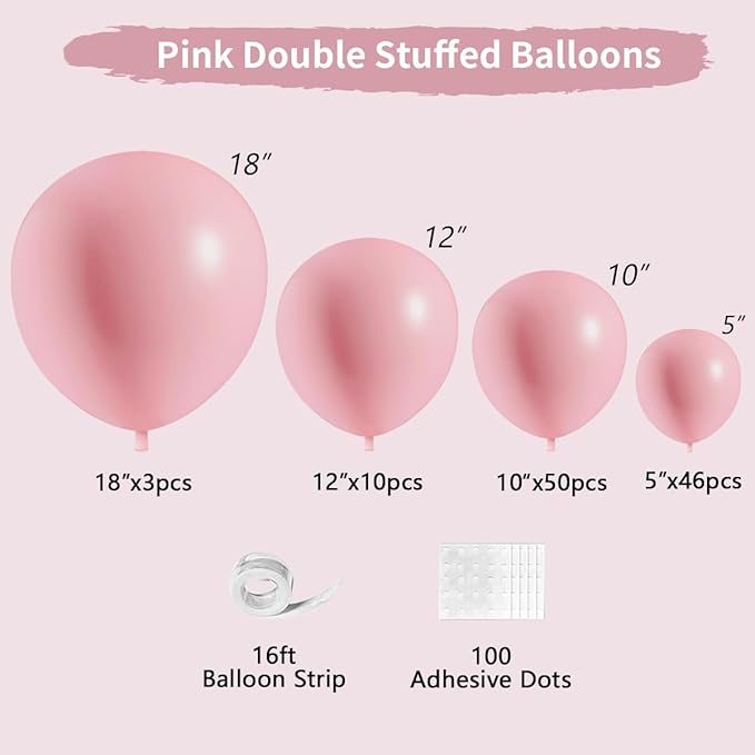 Light Pink Double Stuffed Balloons Different Size 115Pcs 5/10/12/18" Pink Balloon Arch Garland kit for Birthday Baby Shower Valentine's Day Bridal Shower Gender Reveal Wedding Mouse Party
