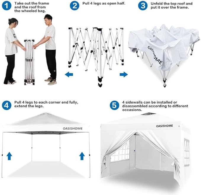 OASISHOME Pop-up Gazebo Instant Portable Canopy Tent 10'x10', with 4 Sidewalls, Windows, Wheeled Bag, for Patio/Outdoor/Wedding Parties and Events (10FTx10FT, White)
