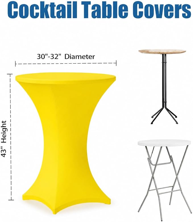 Cocktail Table Covers - 2 Pack 32x43 Inch Table Cloth - Yellow Fitted Stretch Spandex Round High Top Tablecloth for Party, Bar, Birthday, Pub, Banquet