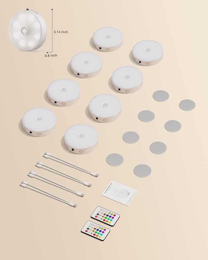 LENOMA Puck Lights with Remote, Rechargeable Under Cabinet Lighting, 3 Color Temps, 12 RGB Color LED Motion Sensor Lights Wireless, Dimmable Tap Lights for Closet, Kitchen, Shelf, Stair, 8 Pack