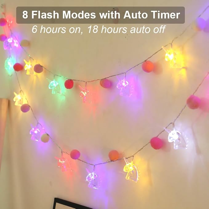 9.85FT Colorful Indoor String Lights with 20 Pink PomPoms 20 Unicorn LED Indoor String Lights Battery Operated with Timer for Home Bedroom Kids Playhouse Birthday Wedding Party Holiday Christmas Decor