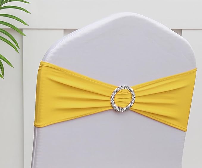 Spandex Yellow Chair Sashes 100 Pack, Yellow Chair Bands Sashes for Wedding Birthday Gender Reveal Party Decor, Chairs Ties