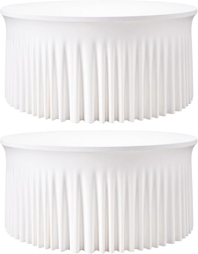 2 Pack White 60 inch Round Spandex Tablecloth, Washable Stretchy Fitted 5FT Round Tables,Elastic Edge with Skirt, Wrinkle-Free Table Cloths for Wedding Banquet Party Birthday Buffet