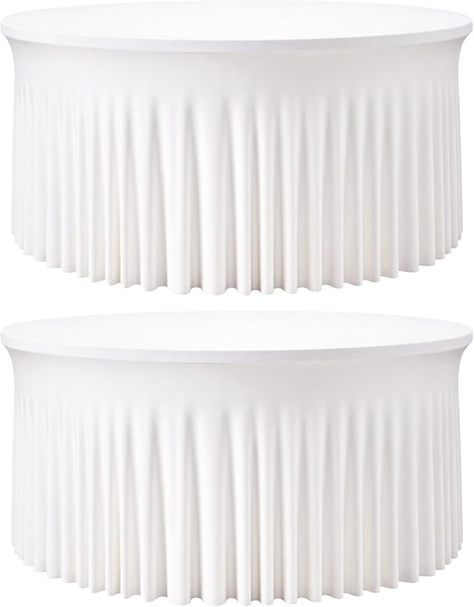 2 Pack White 72 inch Round Spandex Tablecloth, Washable Stretchy Fitted 6FT Round Tables,Elastic Edge with Skirt, Wrinkle-Free Table Cloths for Wedding Banquet Party Birthday Buffet