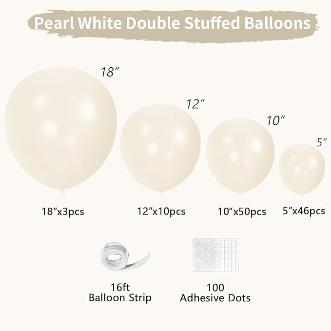 Pearl White Double Stuffed Balloons Different Size 115Pcs 5/10/12/18" White Pearl Ivory Balloons Garland kit for Wedding Birde to be Engagement Bridal Shower Birthday Baby Shower Party