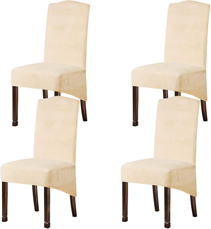 Velvet Plush XL Dining Chair Covers, Stretch Chaircover, Spandex High Chairs Protector Covers Seat Slipcover with Elastic Band for Dining Chairs (Cream Yellow, Set of 4)