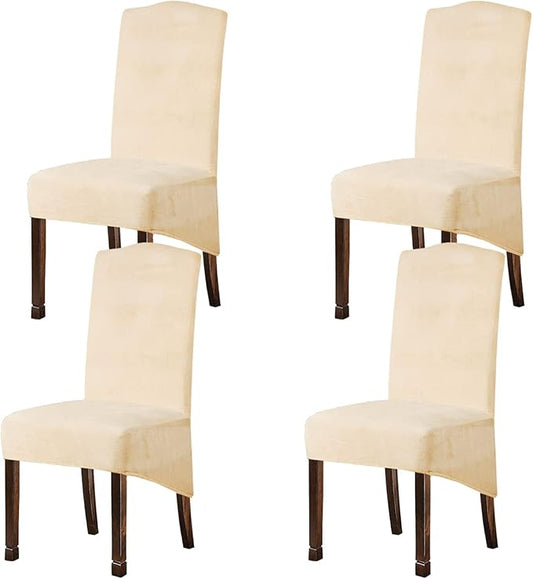 Velvet Plush XL Dining Chair Covers, Stretch Chaircover, Spandex High Chairs Protector Covers Seat Slipcover with Elastic Band for Dining Chairs (Cream Yellow, Set of 4)
