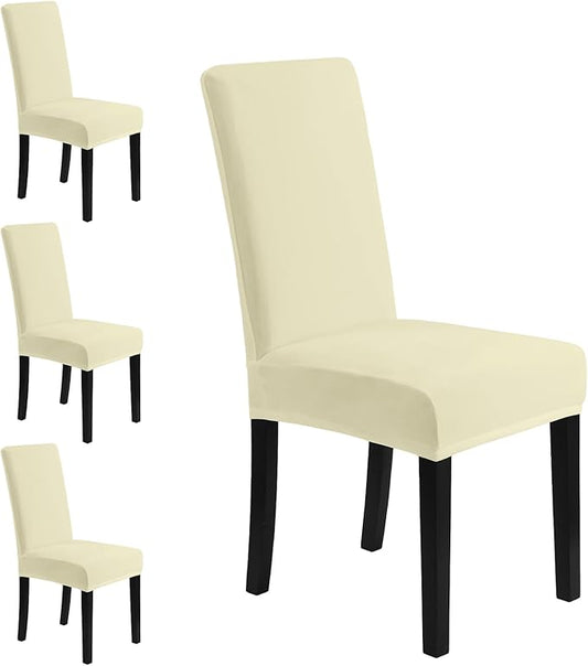 MOSAYT Velvet Stretch Chair Covers for Dining Room Set of 4 - Soft Slipcovers with Thick Removable Fabric for Parsons Chairs, Washable Seat Protectors for Kitchen, Banquet & Home Decor, Beige