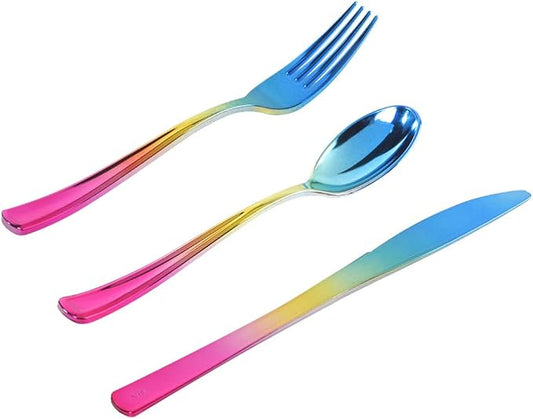 Supernal 120pcs Unique Rainbow Plastic Silverware Set - 3-in-1 Blue Pink Gold Ombre Cutlery (40 Forks, 40 Spoons, 40 Knives) - Heavy Duty Colorful Utensils for Birthday, Unicorn, Trolls Party Decor