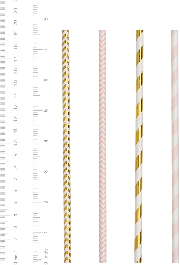 GUSTO [200 Pack] light Pink & Gold Paper Straws Disposable, 100% Biodegradable Multi-Pattern Party Straws For Birthday, Wedding and Holiday Decoration - Formerly Comfy Package