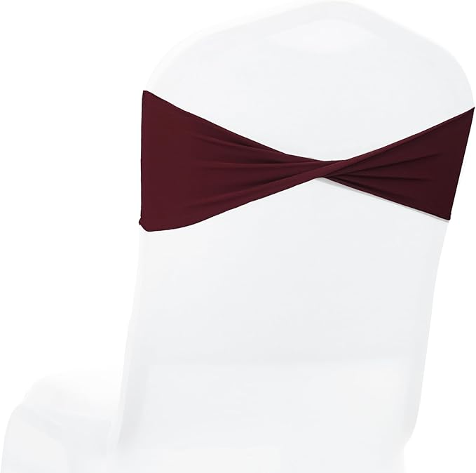 MDS Pack of 25 Spandex Chair Sashes Bows Elastic Stretch Dining Chair Bands Ties Without Slider Buckle Universal fits for Wedding Baby Shower Birthday Party Banquet Event Decoration - Burgundy
