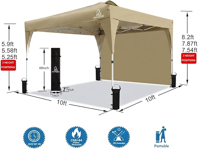 MAOO 10x10 Pop Up Canopy Tent with Sidewall, Easy Setup Instant Outdoor Canopy, 210D Silver Coated Waterproof UPF 50+ Sun Shade Shelter, Heavy Duty Steel Frame, Roller Bag, Khaki