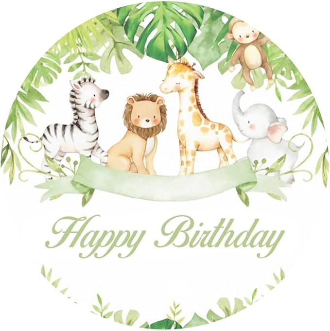 Jungle Animals Birthday Round Backdrop 7.5ft Happy Birthday Circle Backdrop Cover Tropical Green Leaves Safari Animals Theme Birthday Party Decor Cake Table Banner Kids Photo Booth Shoot Props