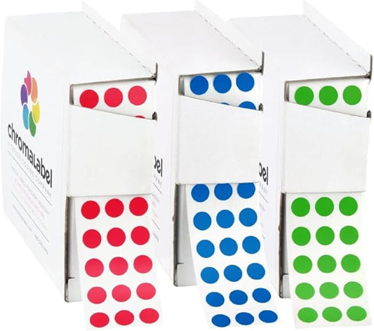 ChromaLabel 1/4 Inch Round Colored Stickers, Color Coding Labels, Ideal Dot Stickers for Arts and Crafts - 1000 Colored Sticker Dots per Dispenser Box, Red, Dark Blue and Green Sticker Labels