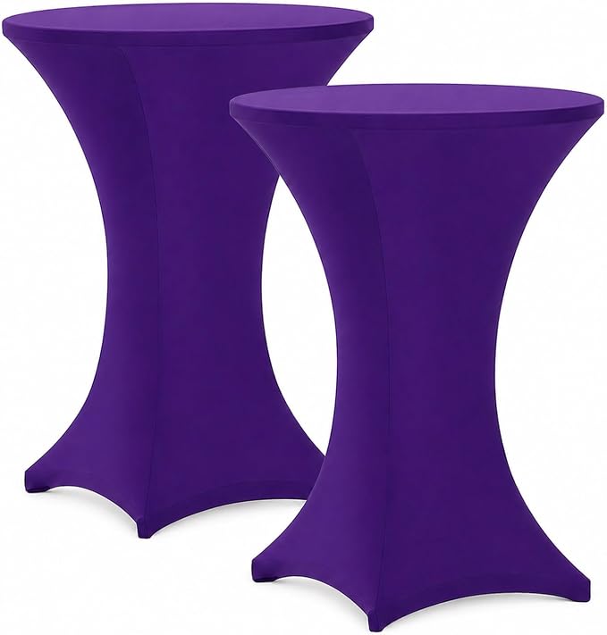 Cocktail Table Covers - 2 Pack 32x43 Inch Table Cloth - Purple Fitted Stretch Spandex Round High Top Tablecloth for Party, Bar, Birthday, Pub, Banquet