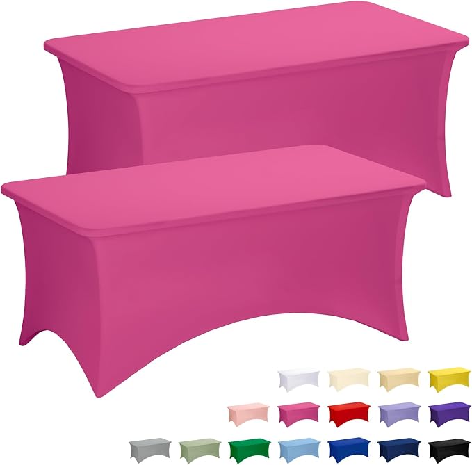 Fixwal Fuchsia Stretch Table Cloth Rectangle 2 Pack 6Ft, Spandex Fitted Table Covers Washable for Party, Trade Show, Banquet, Wedding, Buffet