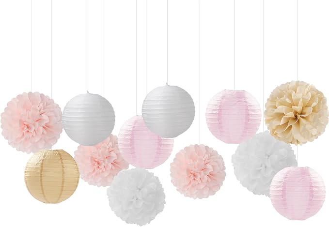 Light-Pink Gold White Party-Decorations Paper-Flowers Lanterns Panduola | 15pc Boho Tissue Pom Poms Streamers,Birthday Bachelorette Bridal Baby Shower Engagement Wedding Graduations Decor Panduola