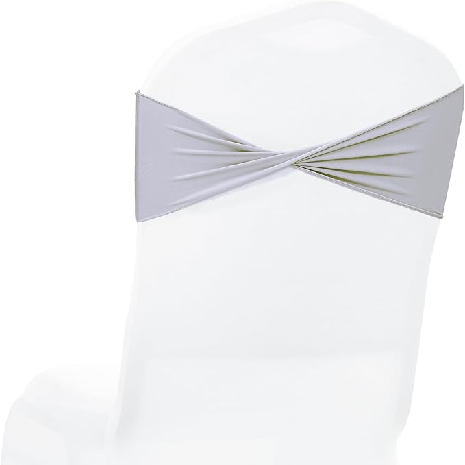 MDS Pack of 100 Spandex Chair Sashes Bows Elastic Stretch Dining Chair Bands Ties Without Slider Buckle Universal fits for Wedding Baby Shower Birthday Party Banquet Event Decoration - Light Silver
