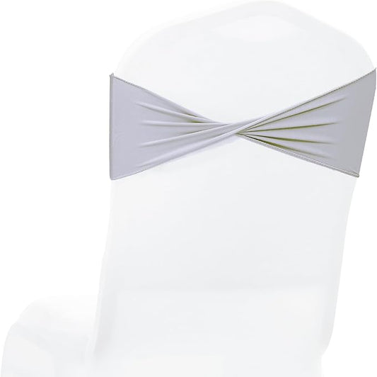 MDS Pack of 75 Spandex Chair Sashes Bows Elastic Stretch Dining Chair Bands Ties Without Slider Buckle Universal fits for Wedding Baby Shower Birthday Party Banquet Event Decoration - Light Silver