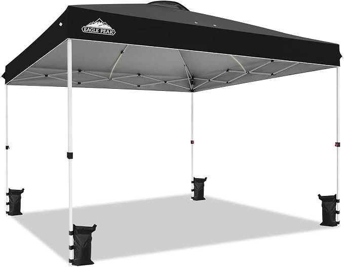 EAGLE PEAK Pop Up Canopy Tent with Wheeled Carry Bag, 8 Stakes, 4 Ropes, 4 Weight Bags, Easy Set Up Tent Canopy, 12x12 ft, 144sqft of Shade, Black