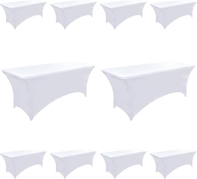 10-Pack 8ft White Spandex Table Covers for Rectangle Folding Tables - Washable Elastic Tablecloth - Ultimate Fitted Table Protector for Parties, Trade Shows, Banquet, and Wedding