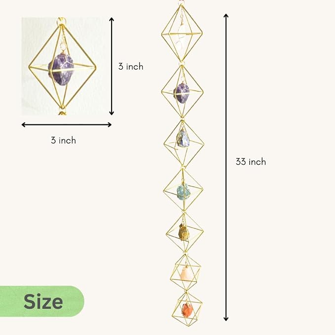 7 Chakra Raw Crystal Hanging Ornament Gift, Spiritual Boho Decor, Gold Rhombus Cage Natural Stones Amethyst Suncatcher, Rose Quartz Healing Genuine Crystal (Gold Rhombus)