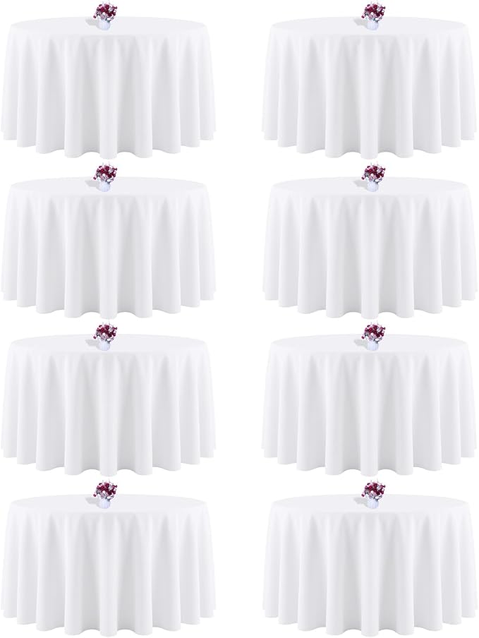 8 Packs 90 Inch White Round Tablecloth in Diameter, Washable Polyester Fabric Tablecloths, Wrinkle Resistant Table Cloth for Wedding Party Banquet Dining