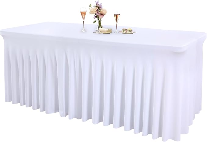 1 Pack White Tableclothes for 8 Foot Rectangle Tables, Wrinkle Resistant Fitted Table Cloth Stretch Spandex Table Covers with Skirt for Event Banquet Wedding Birthday Party