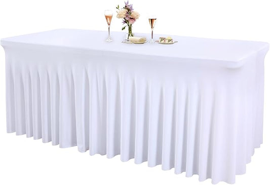1 Pack White Tableclothes for 4 Foot Rectangle Tables, Wrinkle Resistant Fitted Table Cloth Stretch Spandex Table Covers with Skirt for Event Banquet Wedding Birthday Party