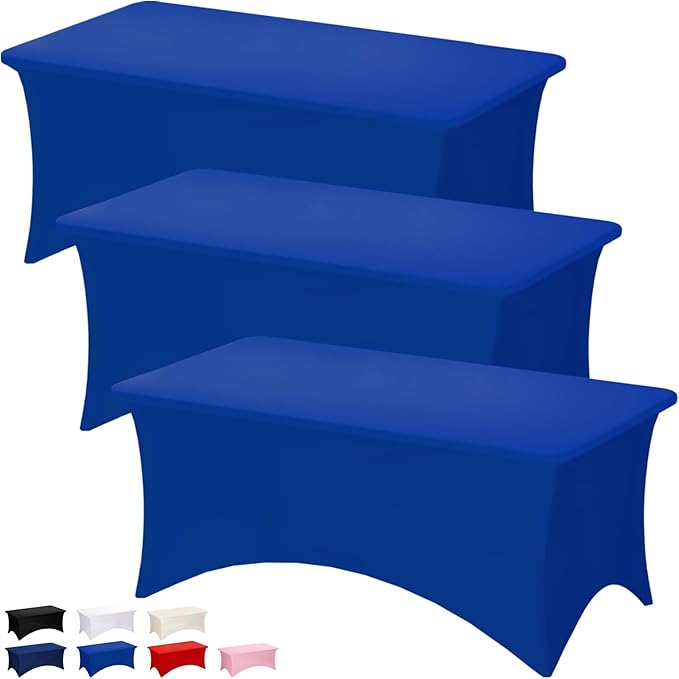 Fixwal 3 Pack Royal Blue Tablecloth Rectangle 8Ft, Stretch Spandex Fitted Table Cover for Party, Trade Show, Wedding, Buffet, Graduation, Vendor Stand