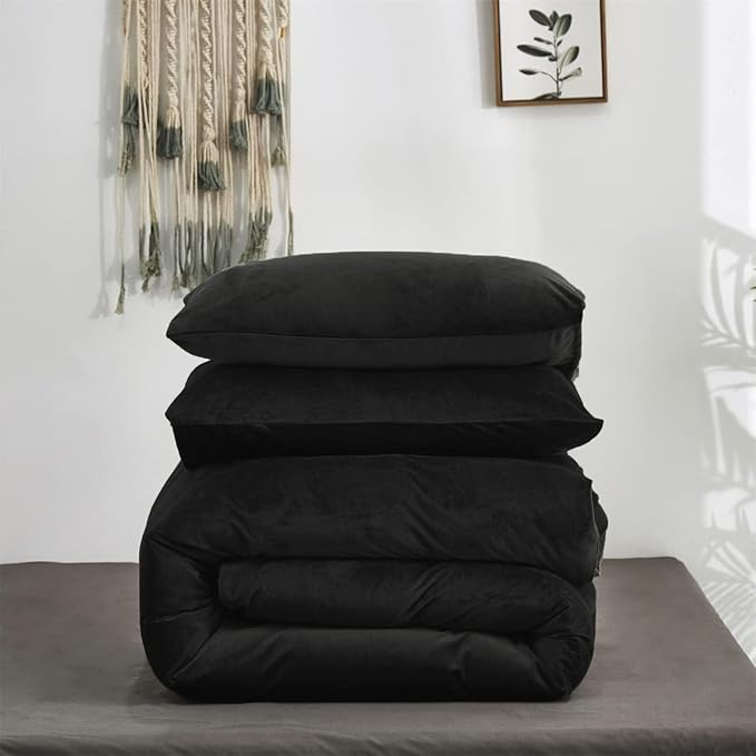 KAREVER Black Velvet Comforter Set - Full Flannel Bedding Comforter Set with 3 PCs Warm Soft Solid Black Winter Blanket