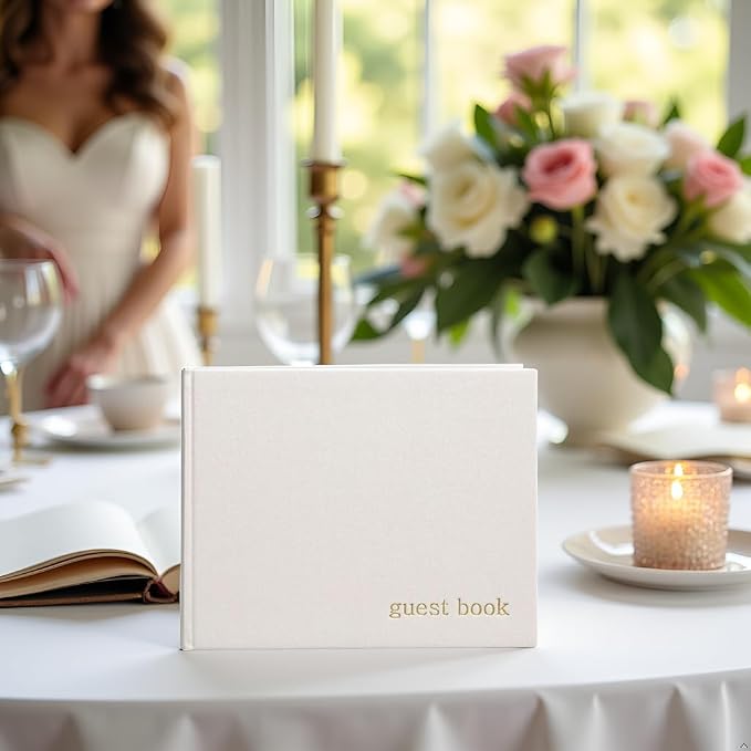 Pearhead Linen Guest Book, Ivory with Gold Script, Gender Neutral Event Keepsake, Graduation, Baby Shower or Wedding Bridal Shower Party Sign-In Book, 100 Blank Pages, 7 x 9