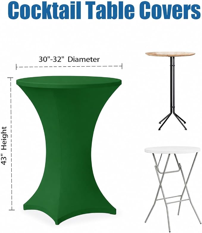 Cocktail Table Covers - 6 Pack 32x43 Inch Table Cloth - Green Fitted Stretch Spandex Round High Top Tablecloth for Party, Bar, Birthday, Pub, Banquet