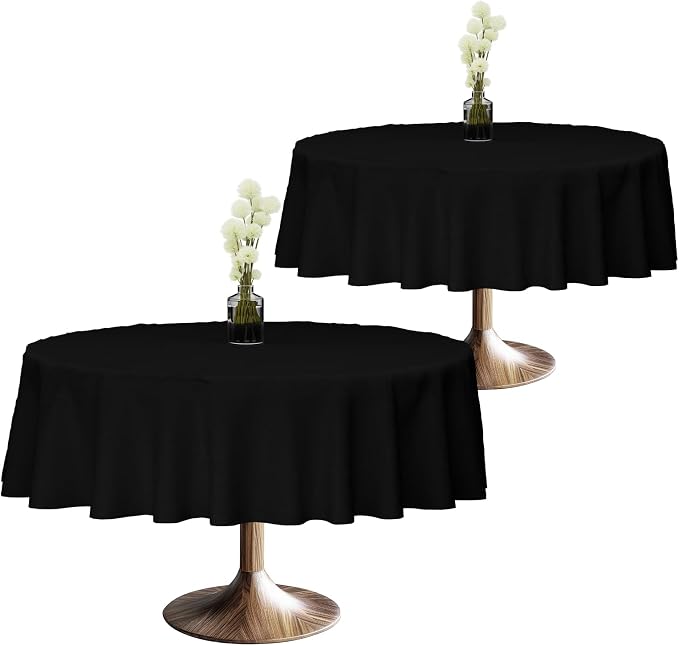 60x60 Table Cloth - 2 Pack Round White Washable Stain and Wrinkle Resistant Polyester Table Cover for Dining Tables, Various Parties and Camping (Black)