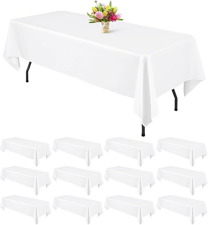 Teruntrue 12 Packs Tablecloths 60x126 inch White Rectangle Table Cloth for 8 Foot Rectangle Tables, Washable Polyester Fabric, for Wedding Parties Banquet Holiday Dinner Table Decorative, White