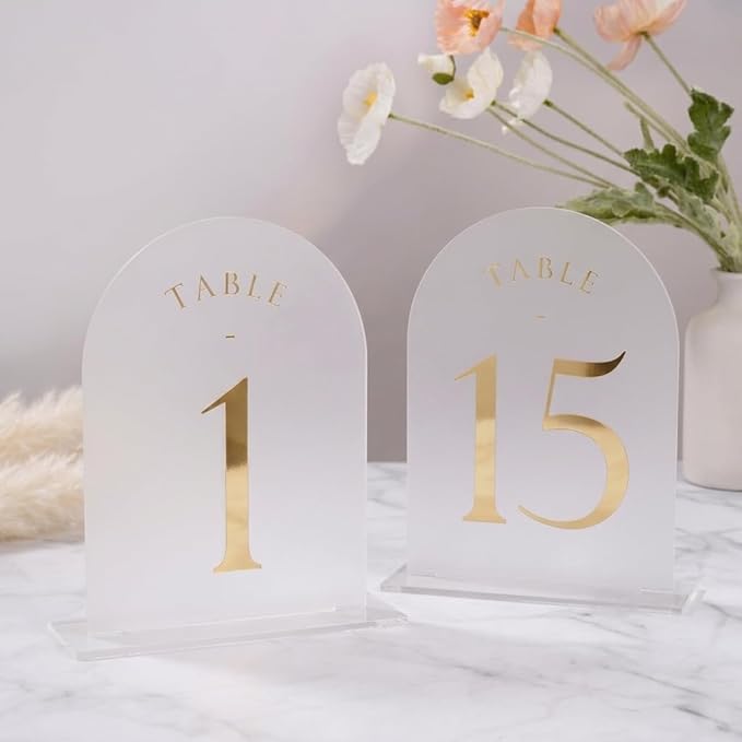 UNIQOOO Frosted Arch Wedding Table Numbers 1-15 w/Stands, Gold Foil Printed 5x7 Acrylic Display Signs &Holders, Pack of 15, Perfect for Centerpiece, Reception, Decoration, Party, Anniversary, Event