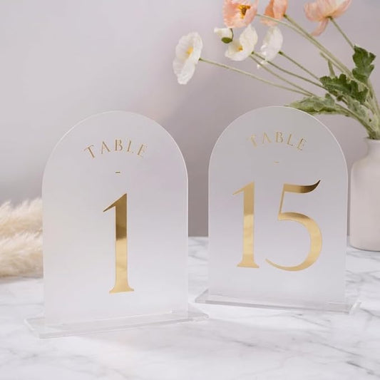UNIQOOO Frosted Arch Wedding Table Numbers 1-15 w/Stands, Gold Foil Printed 5x7 Acrylic Display Signs &Holders, Pack of 15, Perfect for Centerpiece, Reception, Decoration, Party, Anniversary, Event