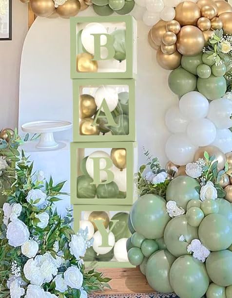 luckylibra Sage Green Baby Shower Decorations, B - A - B - Y Transparent Balloon Boxes & 35Pcs Balloons