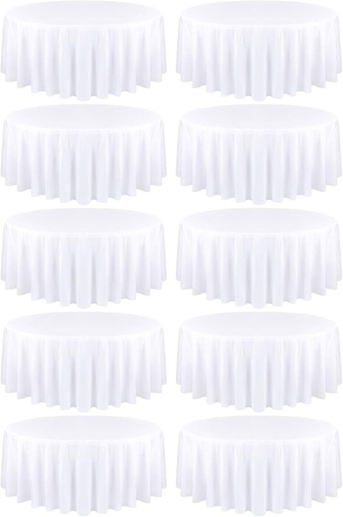 Fani 10 Pack 108 Inch Round White Polyester Tablecloths, Classic Style, Wrinkle & Stain Resistant, Perfect for 6ft to 8ft Round Tables, Dining, Buffet, Outdoor, Camping