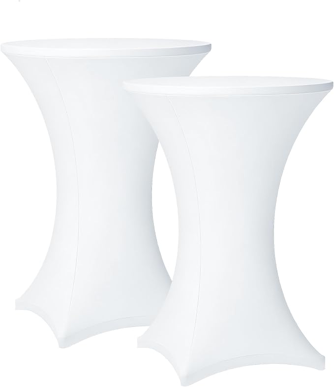 Cocktail Table Covers - 2 Pack 32x43 Inch Table Cloth - White Fitted Stretch Spandex Round High Top Tablecloth for Party, Bar, Birthday, Pub, Banquet