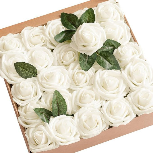 Ling's moment Artificial Flowers 25Pcs Ivory Roses Decor w/Stems,3" DIY Foam Floral for Wedding Bouquet/Centerpieces, Outdoors Party Backdrop, Room/Table, and Garden/Pot Decorations