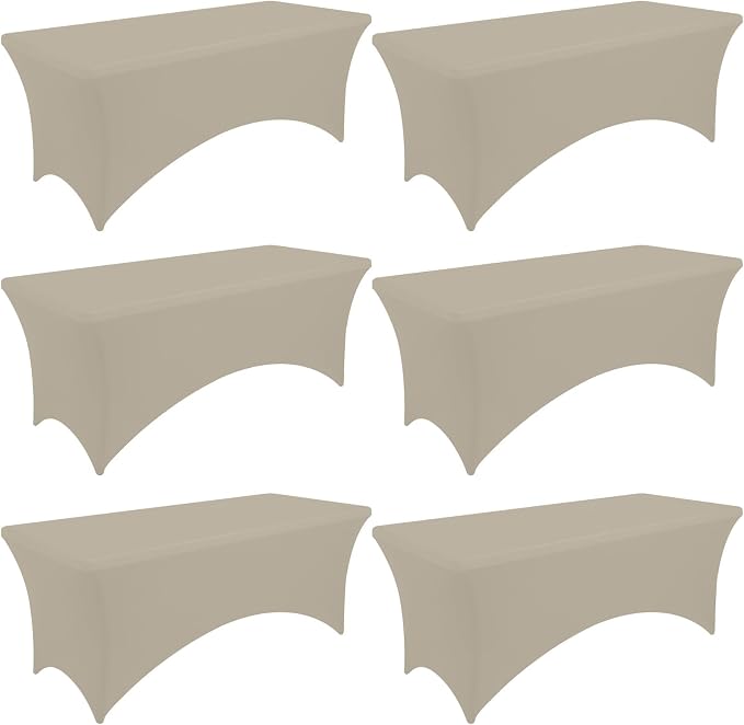 Moosfor Spandex Elastic Fitted 8FT Rectangle Tablecloth 6 Pack, Stretch Washable Reusable Table Cover for Outdoor Picnic, Dining, Wedding, Banquet & Party Events (Taupe, 96Lx30Wx30H Inch)