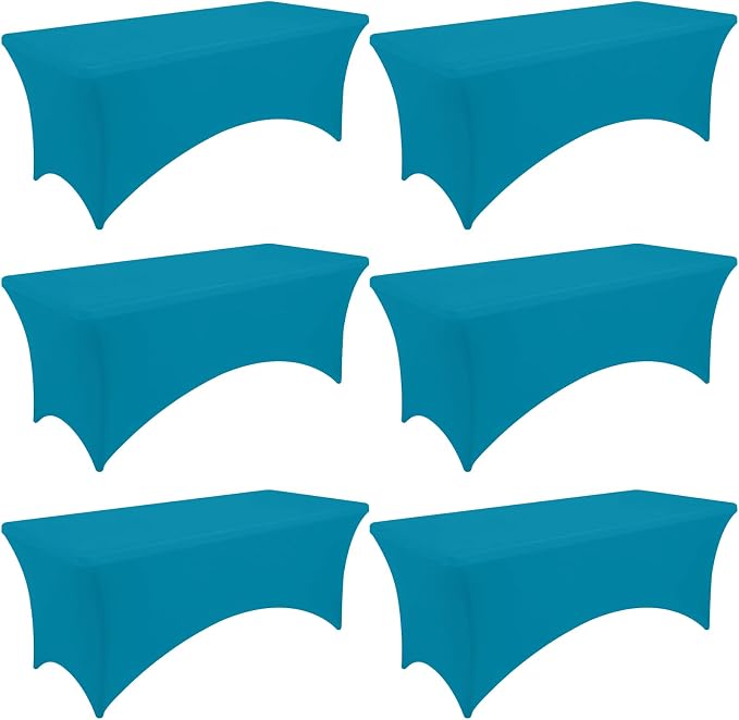 Moosfor Spandex Elastic Fitted 8FT Rectangle Tablecloth 6 Pack, Stretch Washable Reusable Table Cover for Outdoor Picnic, Dining, Wedding, Banquet & Party Events (Turquoise, 96Lx30Wx30H Inch)