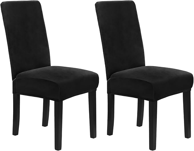 MOSAYT Velvet Stretch Chair Covers for Dining Room Set of 2 - Soft Slipcovers with Thick Removable Fabric for Parsons Chairs, Washable Seat Protectors for Kitchen, Banquet & Home Decor, Black