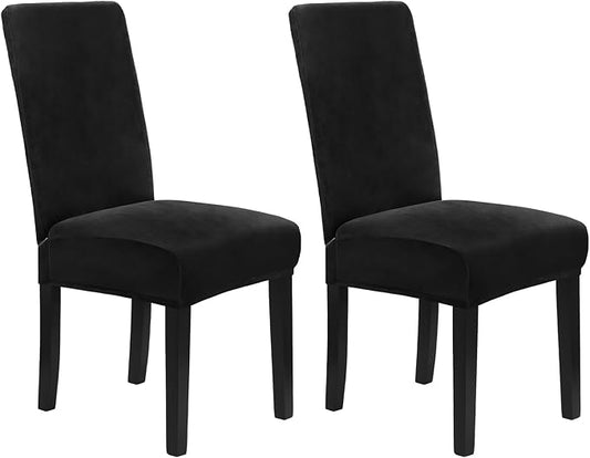MOSAYT Velvet Stretch Chair Covers for Dining Room Set of 2 - Soft Slipcovers with Thick Removable Fabric for Parsons Chairs, Washable Seat Protectors for Kitchen, Banquet & Home Decor, Black